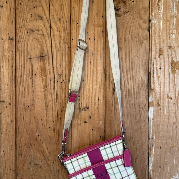 Coach Heritage Tattersall Pink Stripe Crossbody Bag Small 7”x8” - Picture 12 of 13